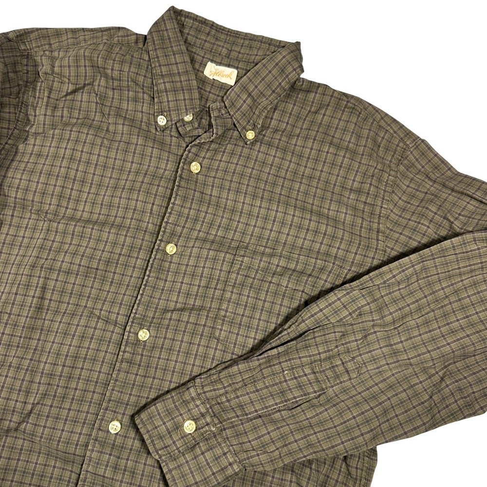 Vintage 1960s Holbrook Plaid Button Down Shirt Olive Green Brown Long Sleeve
